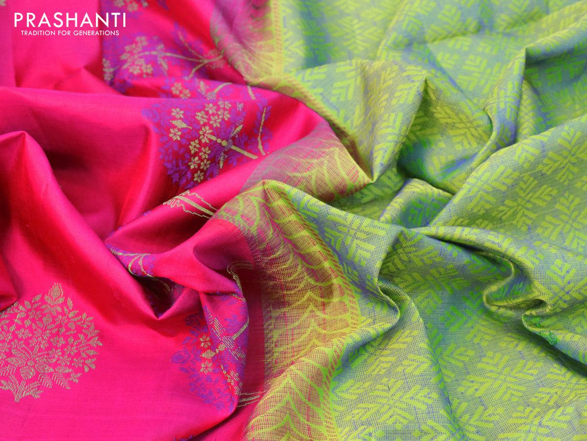 Pure soft silk saree pink and light green with thread woven buttas in borderless style - {{ collection.title }} by Prashanti Sarees
