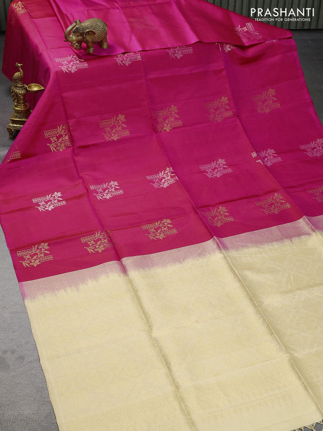 Pure soft silk saree pink and sandal with silver & gold zari woven buttas in borderless style - {{ collection.title }} by Prashanti Sarees