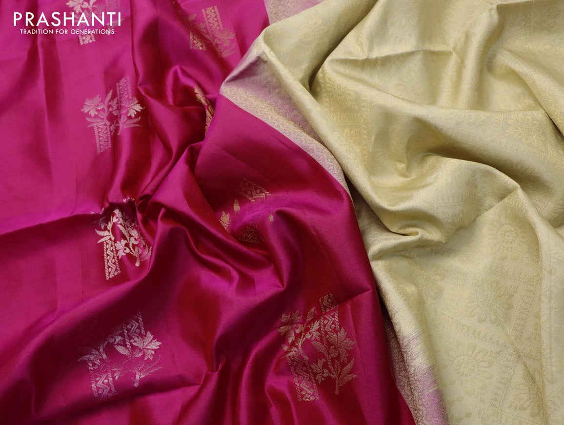 Pure soft silk saree pink and sandal with silver & gold zari woven buttas in borderless style - {{ collection.title }} by Prashanti Sarees