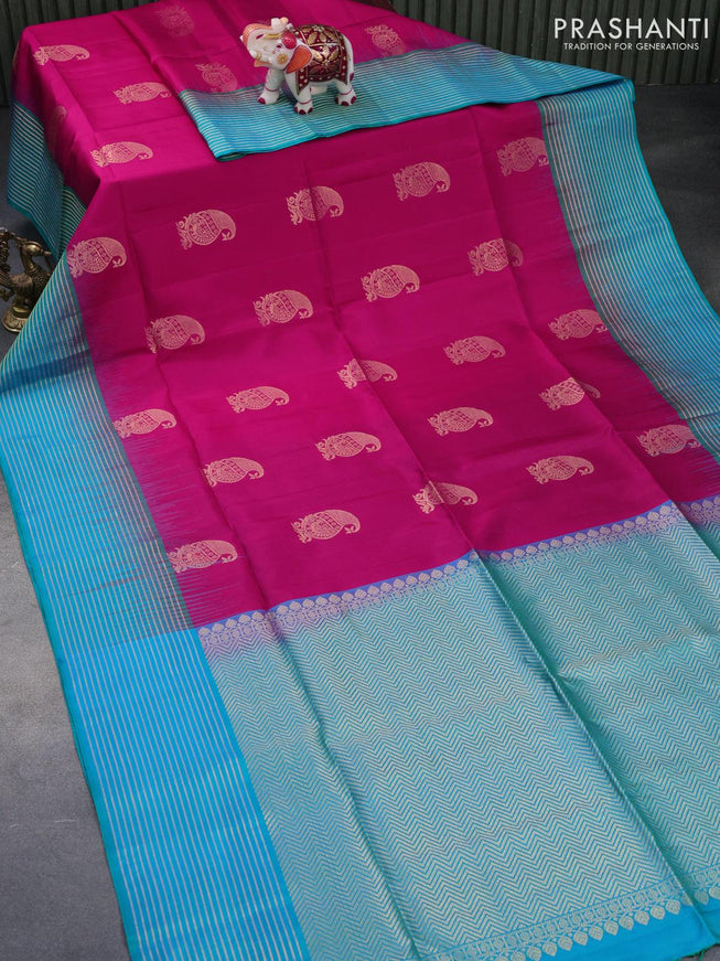 Pure soft silk saree pink and teal blue with paisley zari woven buttas and zari woven simple border - {{ collection.title }} by Prashanti Sarees