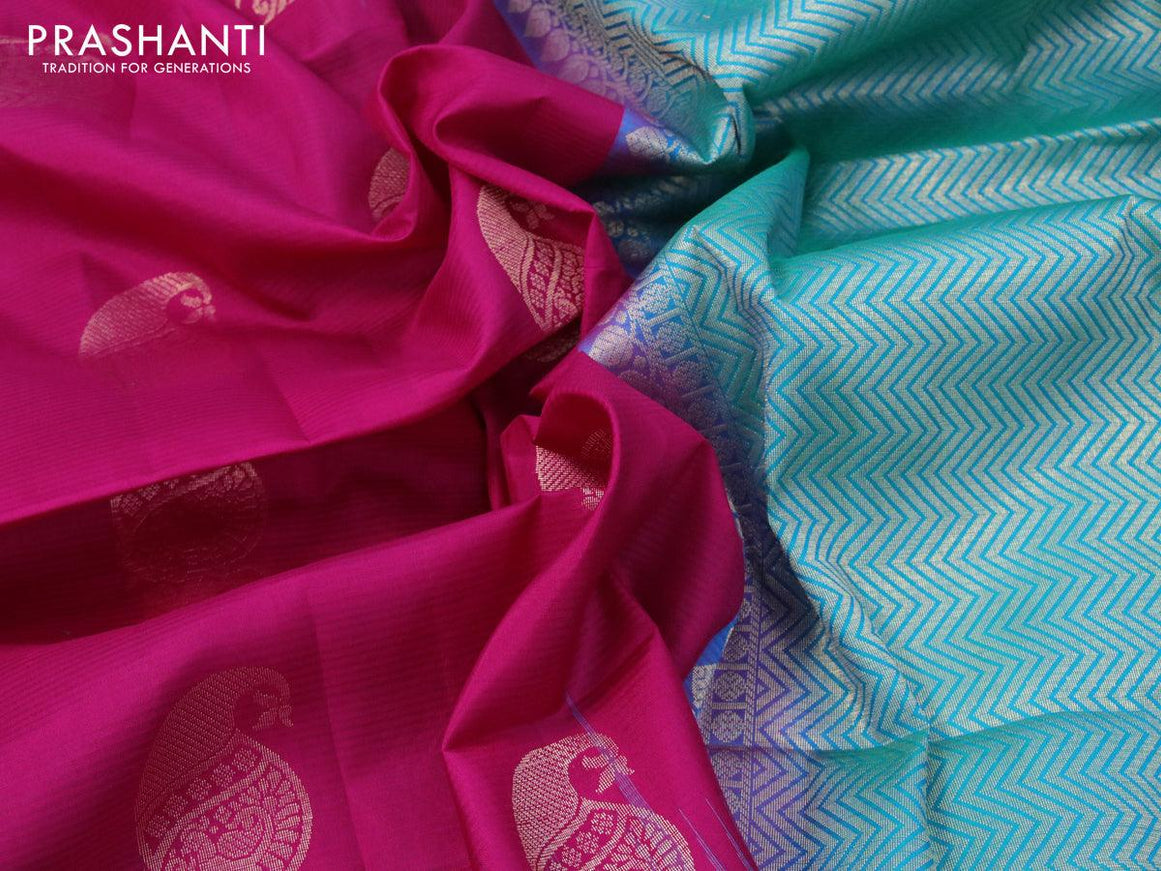 Pure soft silk saree pink and teal blue with paisley zari woven buttas and zari woven simple border - {{ collection.title }} by Prashanti Sarees
