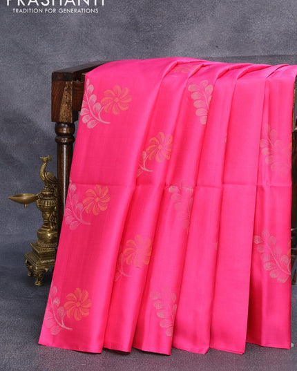 Pure soft silk saree pink and yellow with zari woven floral buttas in borderless style - {{ collection.title }} by Prashanti Sarees