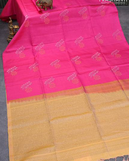 Pure soft silk saree pink and yellow with zari woven floral buttas in borderless style - {{ collection.title }} by Prashanti Sarees