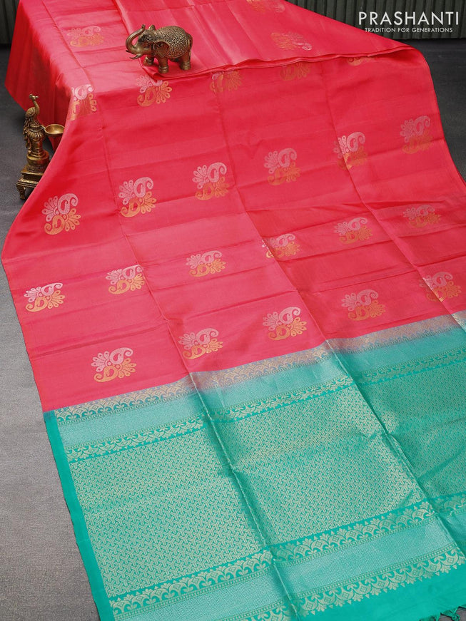 Pure soft silk saree pink shade and teal blue shade with silver & gold zari woven buttas in borderless style - {{ collection.title }} by Prashanti Sarees