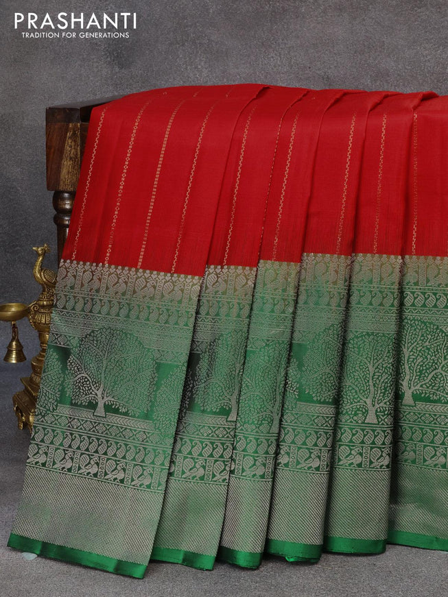 Pure soft silk saree red and green with allover zari woven stripes pattern and rich zari woven border - {{ collection.title }} by Prashanti Sarees