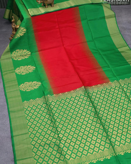 Pure soft silk saree red and green with plain body and zari woven border - {{ collection.title }} by Prashanti Sarees
