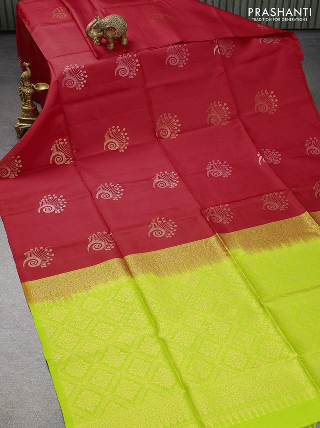 Pure soft silk saree red and light green with silver & gold zari woven buttas in borderless style - {{ collection.title }} by Prashanti Sarees