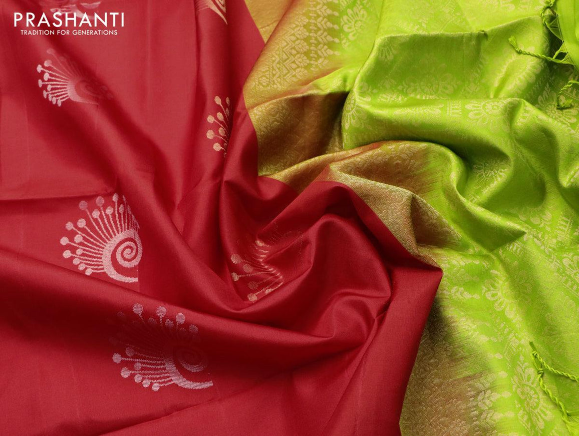 Pure soft silk saree red and light green with silver & gold zari woven buttas in borderless style - {{ collection.title }} by Prashanti Sarees