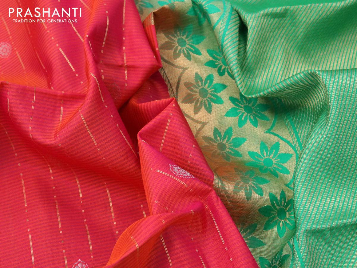 Pure soft silk saree reddish pink and green with allover silver & gold zari weaves and rettapet zari woven border - {{ collection.title }} by Prashanti Sarees