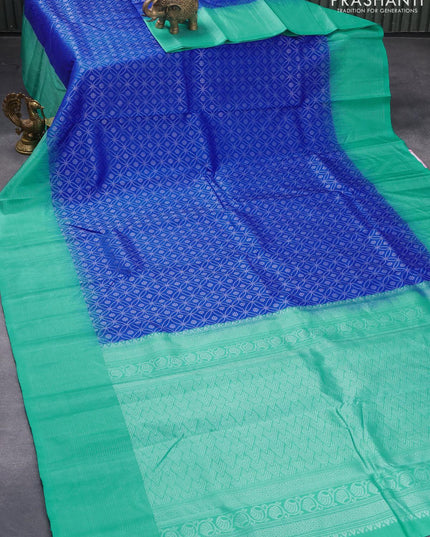 Pure soft silk saree royal blue and teal blue with allover silver zari woven geometric weaves and silver zari woven simple border - {{ collection.title }} by Prashanti Sarees