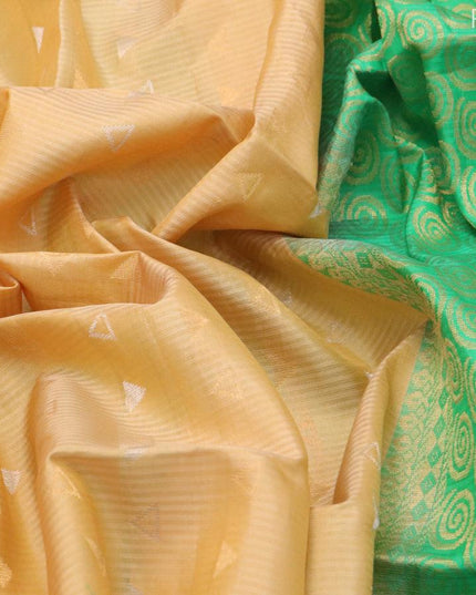 Pure soft silk saree sandal and green with silver & zari geometric weaves and zari woven simple border - {{ collection.title }} by Prashanti Sarees
