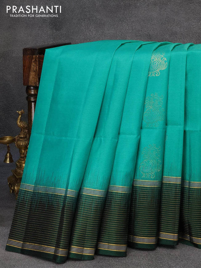Pure soft silk saree teal blue and dark green with zari woven buttas and zari woven simple border - {{ collection.title }} by Prashanti Sarees