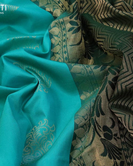 Pure soft silk saree teal blue and dark green with zari woven buttas and zari woven simple border - {{ collection.title }} by Prashanti Sarees