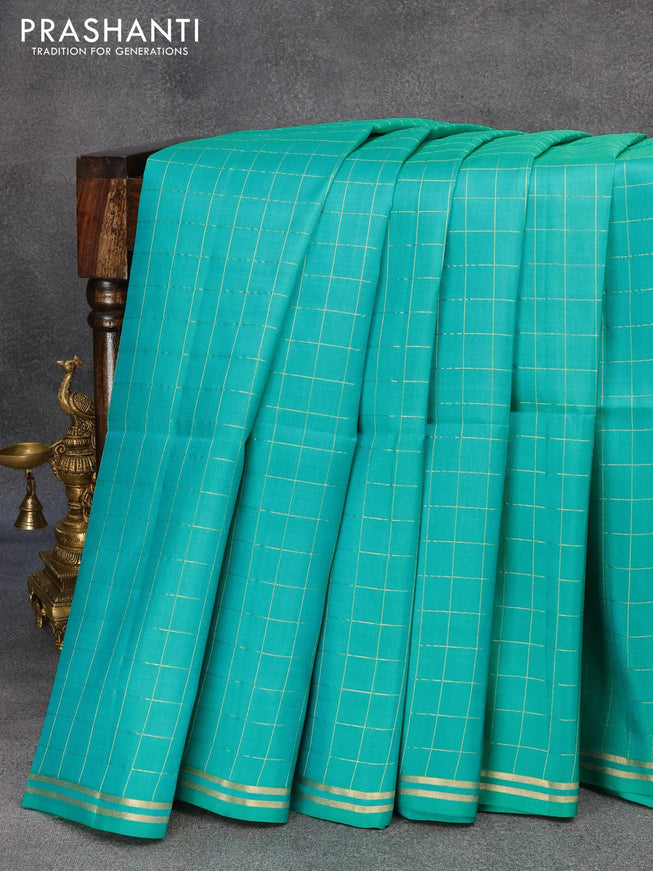 Pure soft silk saree teal blue and deep purple with allover zari checked pattern and small zari woven border - {{ collection.title }} by Prashanti Sarees