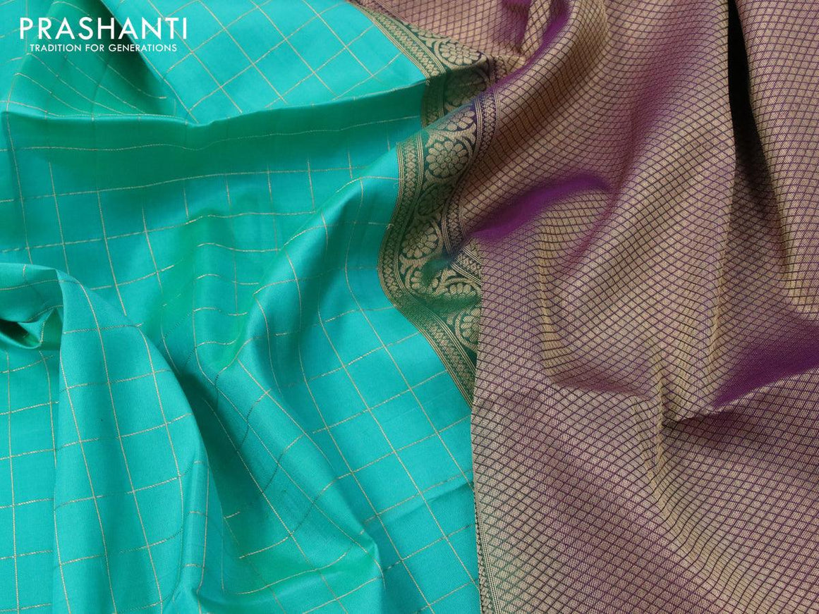 Pure soft silk saree teal blue and deep purple with allover zari checked pattern and small zari woven border - {{ collection.title }} by Prashanti Sarees