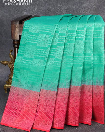 Pure soft silk saree teal blue and dual shade of pinkish orange with allover silver zari woven brocade weaves and silver zari woven border - {{ collection.title }} by Prashanti Sarees