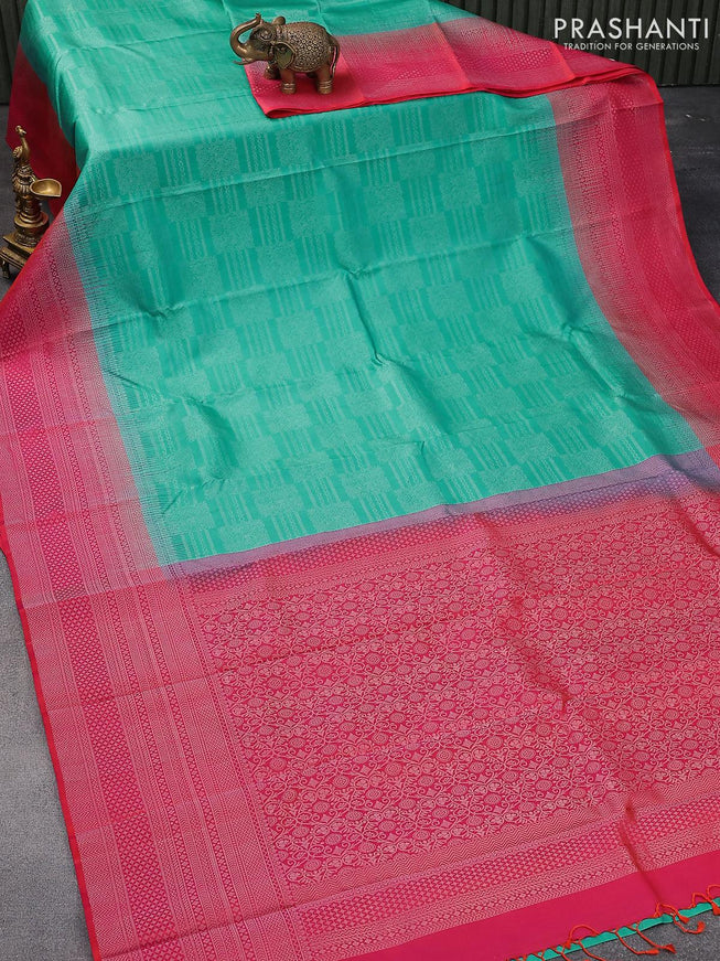 Pure soft silk saree teal blue and dual shade of pinkish orange with allover silver zari woven brocade weaves and silver zari woven border - {{ collection.title }} by Prashanti Sarees