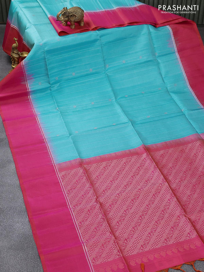 Pure soft silk saree teal blue and dual shade of pinkish orange with allover zari weaves and zari woven simple border - {{ collection.title }} by Prashanti Sarees