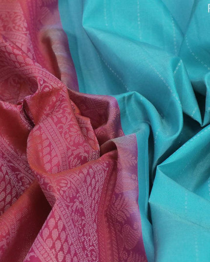 Pure soft silk saree teal blue and dual shade of pinkish orange with allover zari weaves and zari woven simple border - {{ collection.title }} by Prashanti Sarees