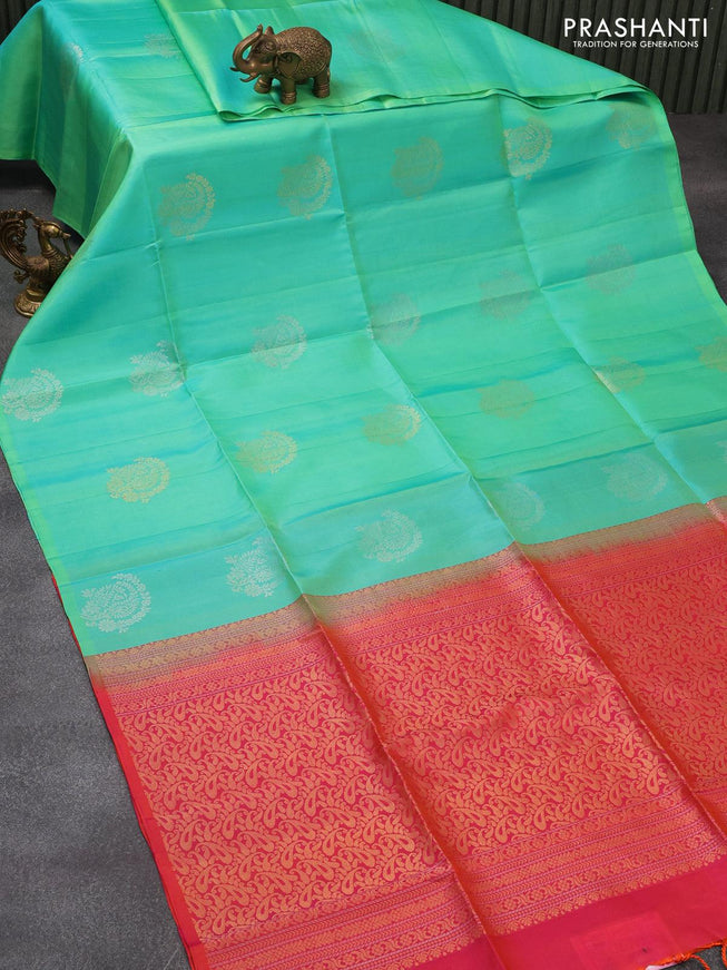 Pure soft silk saree teal green and dual shade of pink with zari woven buttas in borderless style - {{ collection.title }} by Prashanti Sarees