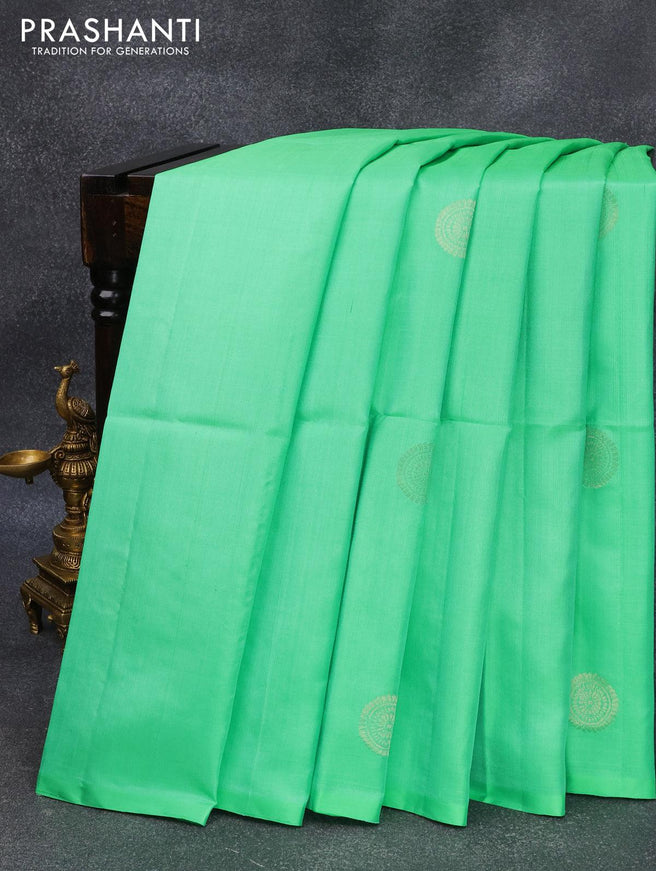 Pure soft silk saree teal green shade and pink with zari woven buttas in borderless style - {{ collection.title }} by Prashanti Sarees