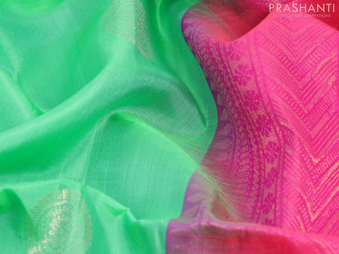 Pure soft silk saree teal green shade and pink with zari woven buttas in borderless style - {{ collection.title }} by Prashanti Sarees