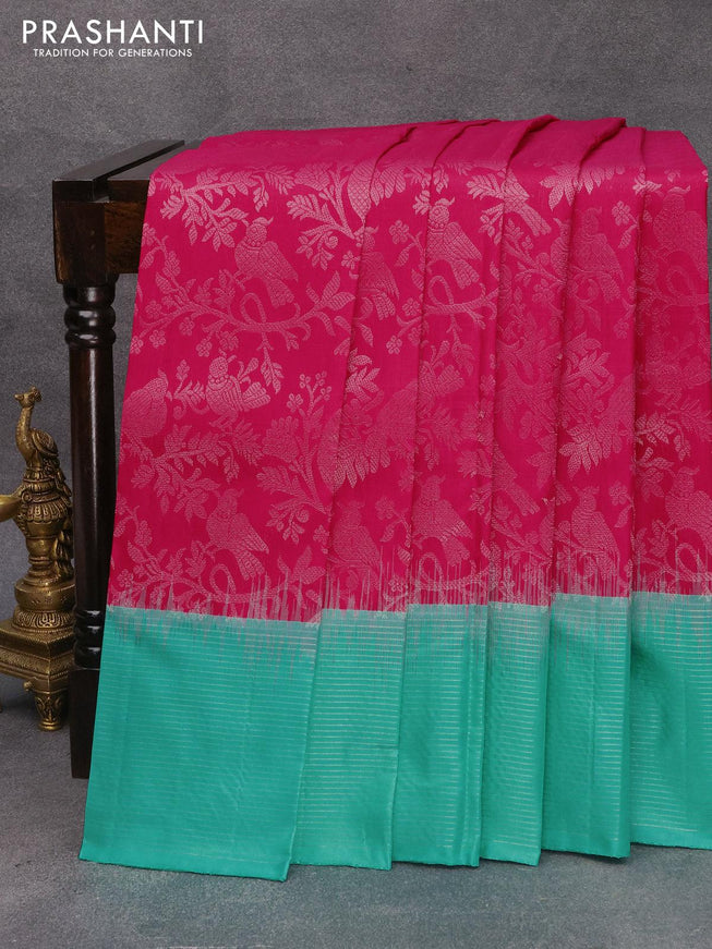 Pure soft silk saree tomato pink and light blue with allover silver zari woven brocade weaves and silver zari woven border - {{ collection.title }} by Prashanti Sarees