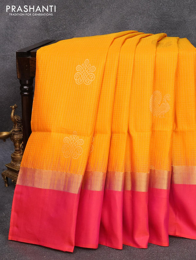Pure soft silk saree yellow and dual shade of pinkish orange with allover small zari checks & annam buttas and zari woven simple border - {{ collection.title }} by Prashanti Sarees
