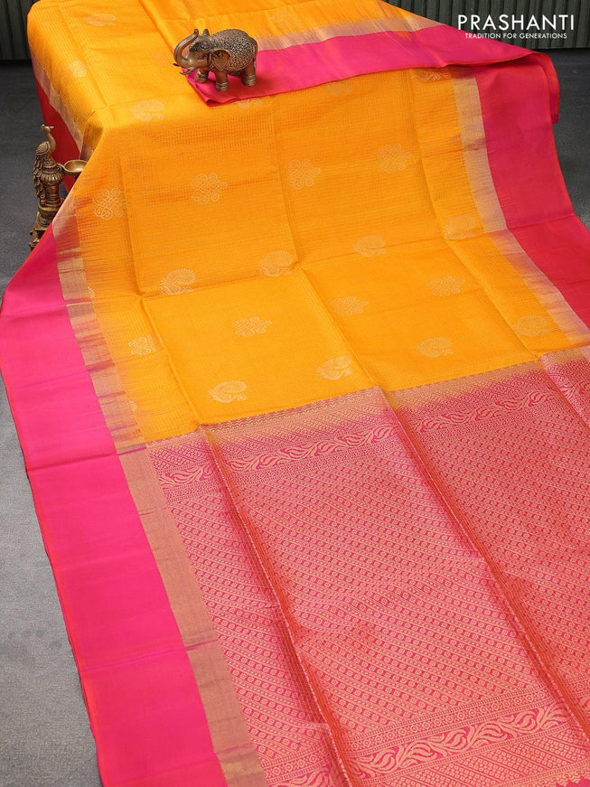 Pure soft silk saree yellow and dual shade of pinkish orange with allover small zari checks & annam buttas and zari woven simple border - {{ collection.title }} by Prashanti Sarees