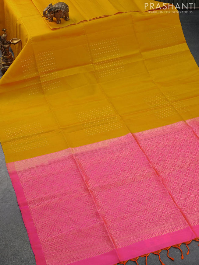 Pure soft silk saree yellow and dual shade of pinkish orange with silver & gold zari woven butta weaves in borderless style - {{ collection.title }} by Prashanti Sarees