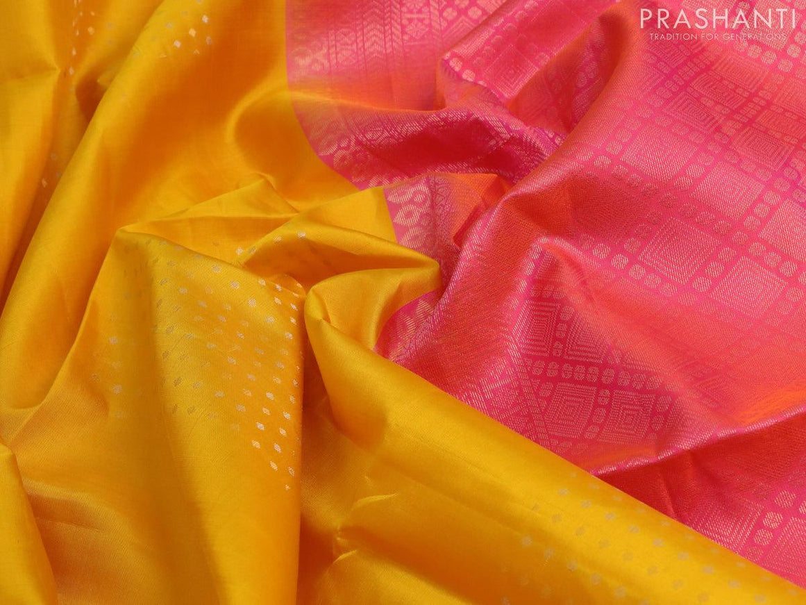Pure soft silk saree yellow and dual shade of pinkish orange with silver & gold zari woven butta weaves in borderless style - {{ collection.title }} by Prashanti Sarees
