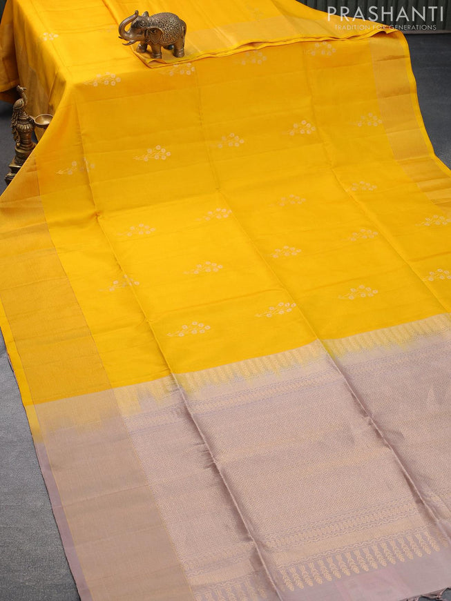 Pure soft silk saree yellow and pastel brown shade with silver & gold zari woven floral buttas and zari woven border - {{ collection.title }} by Prashanti Sarees