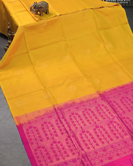 Pure soft silk saree yellow and pink with floral zari woven buttas in borderless style - {{ collection.title }} by Prashanti Sarees