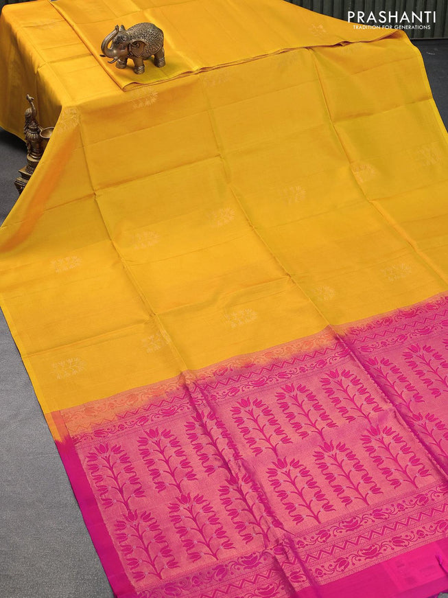 Pure soft silk saree yellow and pink with floral zari woven buttas in borderless style - {{ collection.title }} by Prashanti Sarees