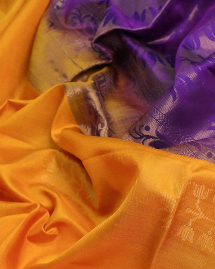 Pure soft silk saree yellow and violet with zari woven buttas in borderless style - {{ collection.title }} by Prashanti Sarees