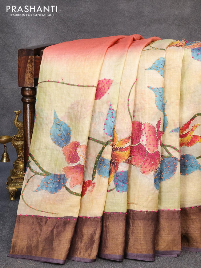 Pure tussar silk saree beige and grey with allover kalamkari prints & french knot work and zari woven border - {{ collection.title }} by Prashanti Sarees