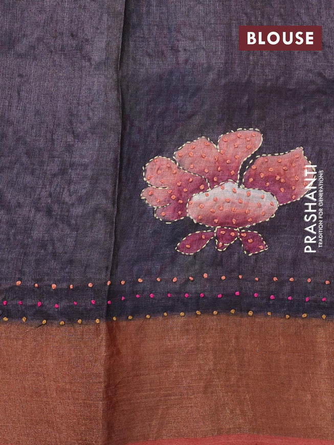 Pure tussar silk saree beige and grey with allover kalamkari prints & french knot work and zari woven border - {{ collection.title }} by Prashanti Sarees