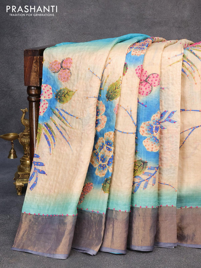 Pure tussar silk saree beige and greyish blue with floral prints & french knot work and zari woven border - {{ collection.title }} by Prashanti Sarees