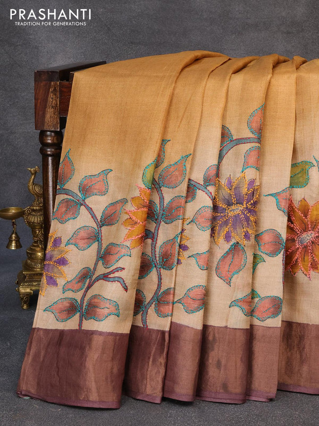 Pure tussar silk saree beige dark mustard and wine shade with plain body and kalamkari prints & french knot work - {{ collection.title }} by Prashanti Sarees