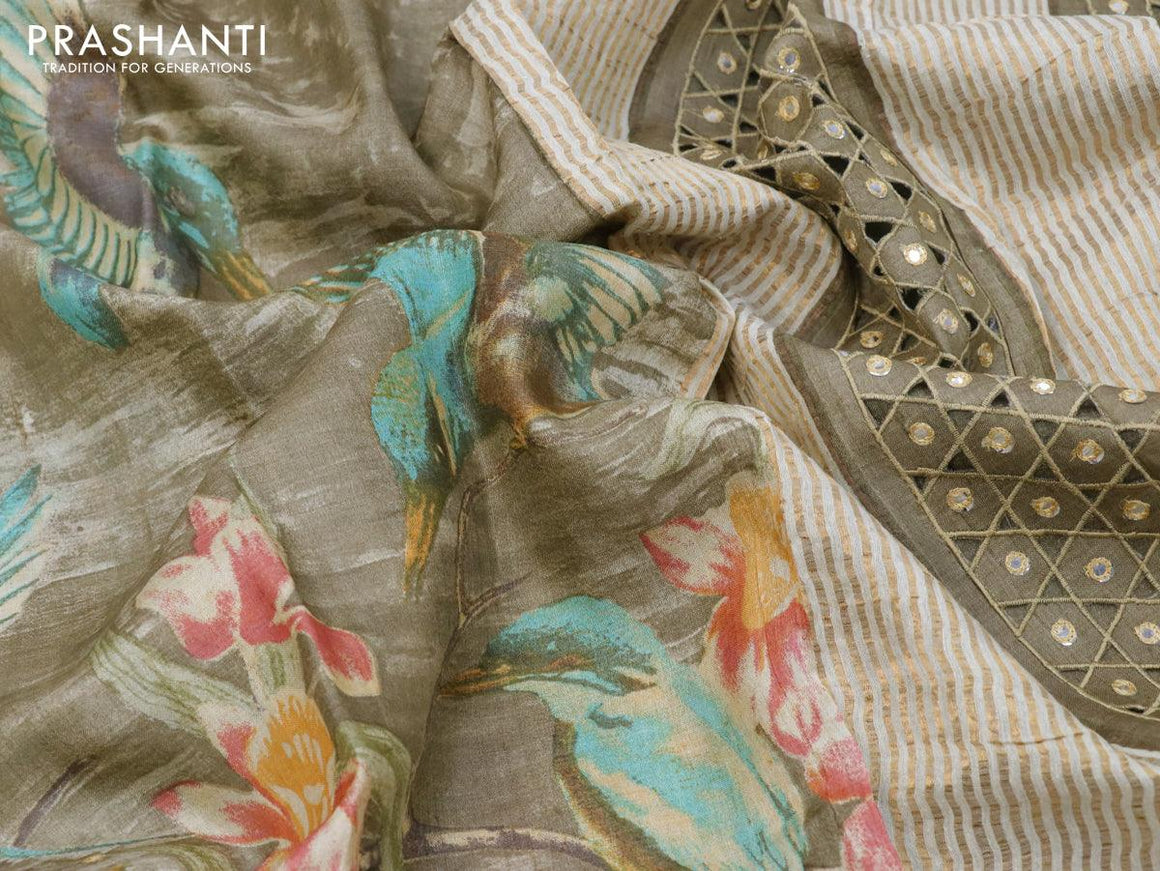Pure tussar silk saree beige with floral prints & mirror work and cut work pallu - {{ collection.title }} by Prashanti Sarees