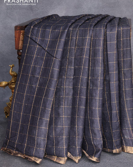 Pure tussar silk saree black and maroon with allover zari checked pattern & zari woven border and pen kalamkari embroidery work readymade blouse - {{ collection.title }} by Prashanti Sarees