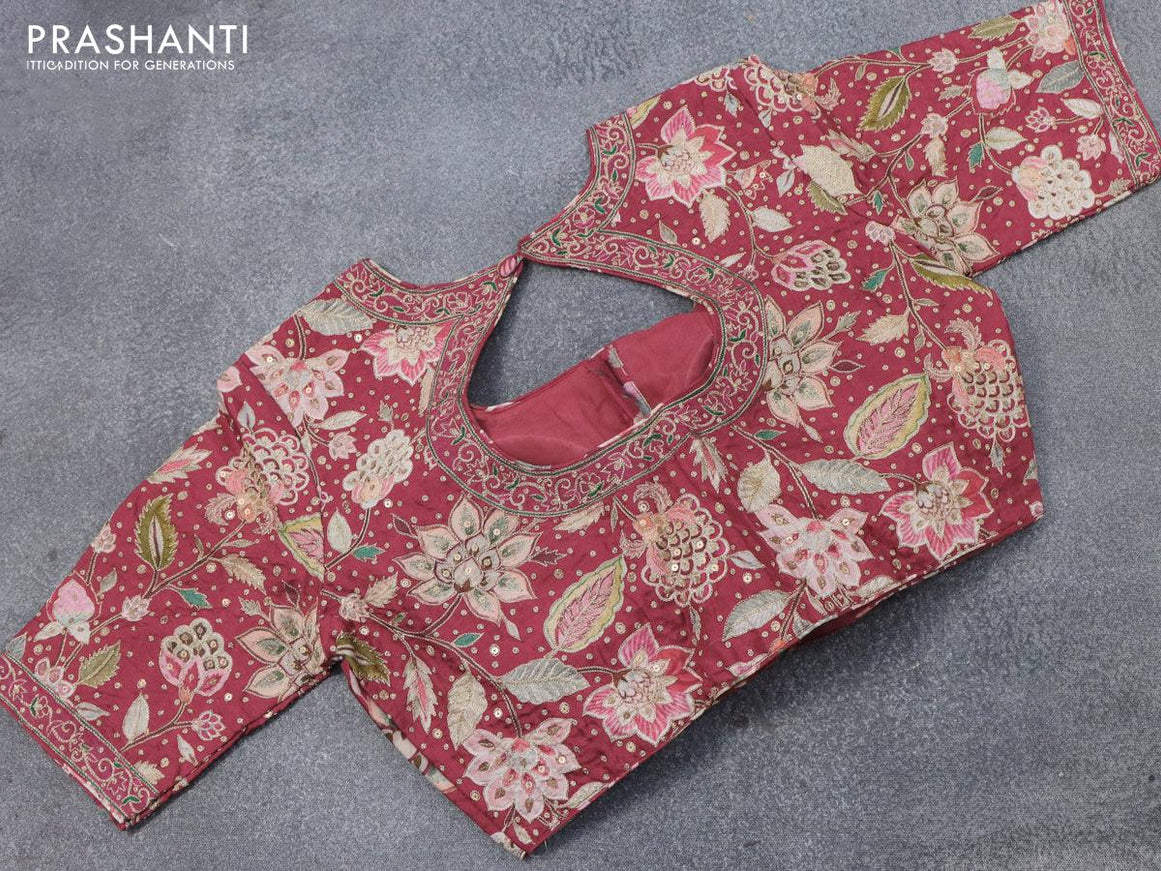 Pure tussar silk saree black and maroon with allover zari checked pattern & zari woven border and pen kalamkari embroidery work readymade blouse - {{ collection.title }} by Prashanti Sarees