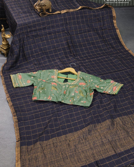 Pure tussar silk saree black and pastel green with allover zari checked pattern & zari woven border and pen kalamkari embroidery work readymade blouse - {{ collection.title }} by Prashanti Sarees