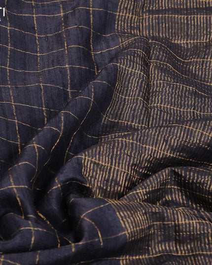 Pure tussar silk saree black and pastel green with allover zari checked pattern & zari woven border and pen kalamkari embroidery work readymade blouse - {{ collection.title }} by Prashanti Sarees
