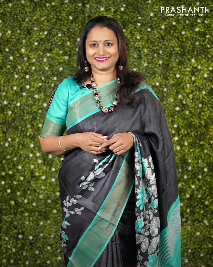 Pure tussar silk saree black and teal blue with allover floral prints and zari woven border - {{ collection.title }} by Prashanti Sarees