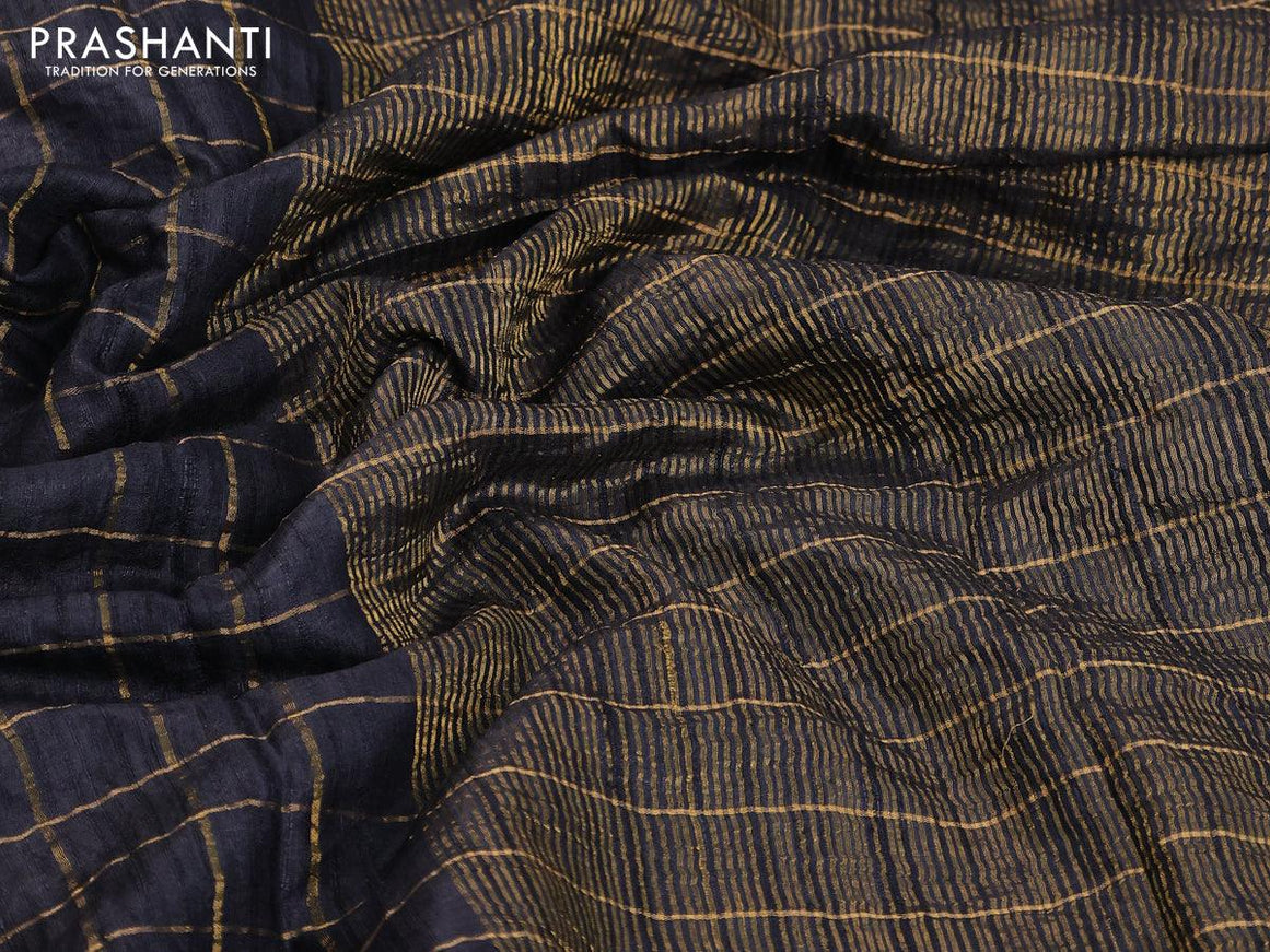Pure tussar silk saree black with allover zari checked pattern & zari woven border and pen kalamkari embroidery work readymade blouse - {{ collection.title }} by Prashanti Sarees
