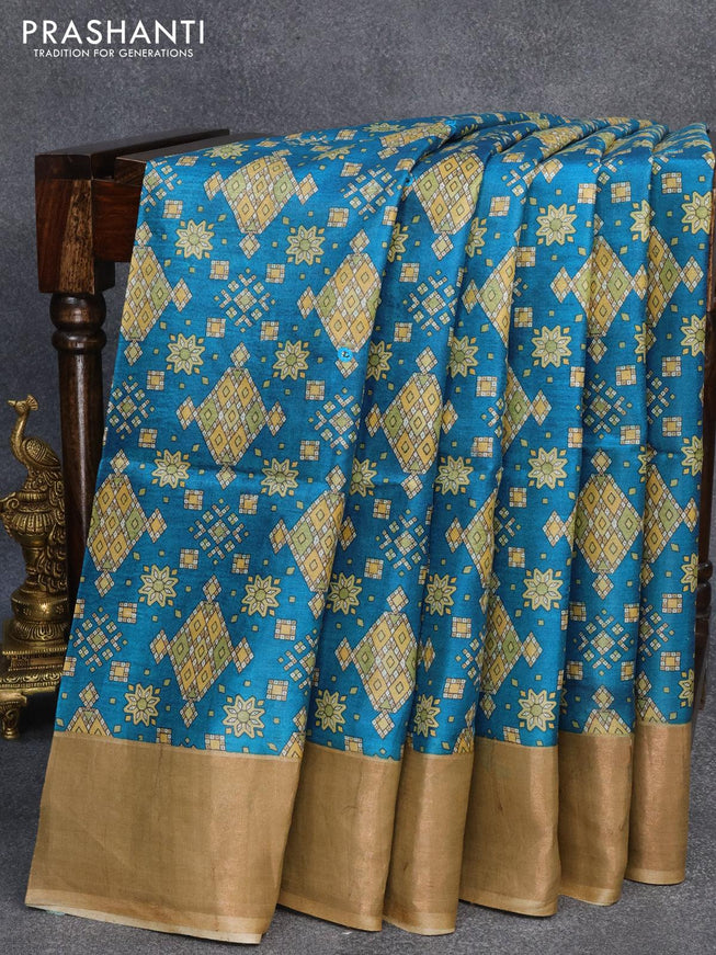 Pure tussar silk saree blue and chikku shade with allover prints and cut work pallu - {{ collection.title }} by Prashanti Sarees