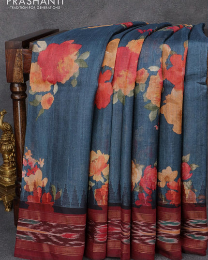 Pure tussar silk saree blue and maroon with allover floral prints and temple design vidarbha border - {{ collection.title }} by Prashanti Sarees