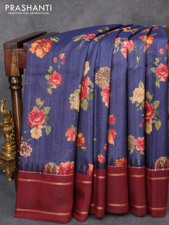 Pure tussar silk saree blue and maroon with allover floral prints and temple design zari woven border - {{ collection.title }} by Prashanti Sarees