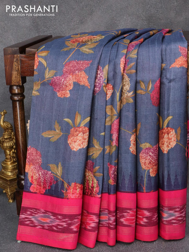 Pure tussar silk saree blue and pink with allover floral prints and temple design vidarbha border - {{ collection.title }} by Prashanti Sarees